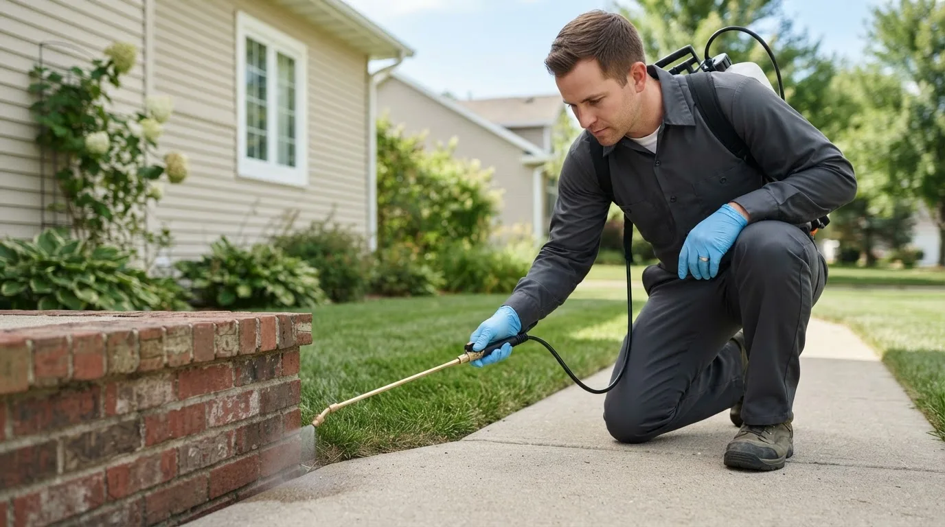 Pest control technician treating a home near Bellaire, MI